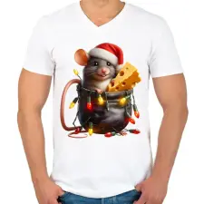 PRINTFASHION Egér zsebben - vicces karácsonyi kisegér mikulás sapkában - Férfi V-nyakú póló - Fehér férfi póló