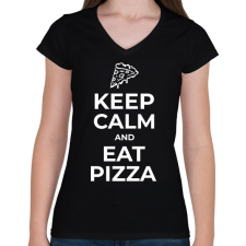 PRINTFASHION EGYÉL PIZZÁT - Női V-nyakú póló - Fekete női póló