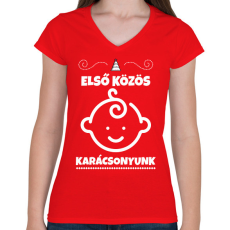 PRINTFASHION Első közös karácsonyunk  - Női V-nyakú póló - Piros