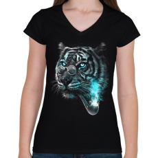PRINTFASHION Értelmiségi tigris - Női V-nyakú póló - Fekete