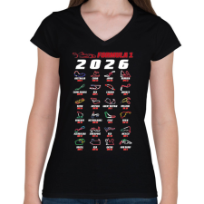 PRINTFASHION F1 2026 versenynaptár - Női V-nyakú póló - Fekete női póló