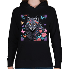 PRINTFASHION farkas pillangókkal és virágokkal - Női kapucnis pulóver - Fekete női pulóver, kardigán
