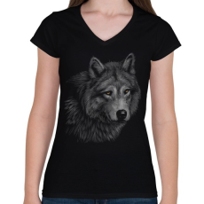 PRINTFASHION Farkas portré - Női V-nyakú póló - Fekete
