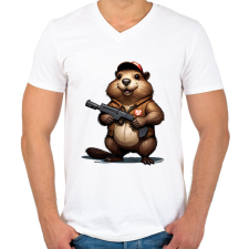 PRINTFASHION fegyveres bober - Férfi V-nyakú póló - Fehér férfi póló