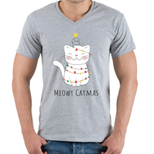 PRINTFASHION Fehér cica karácsonyi égőkkel - Férfi V-nyakú póló - Sport szürke férfi póló
