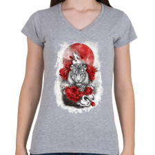PRINTFASHION Fehér tigris - Női V-nyakú póló - Sport szürke női póló