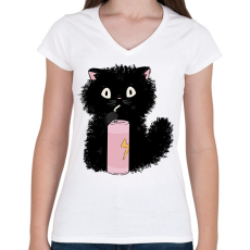 PRINTFASHION Fekete cica - Női V-nyakú póló - Fehér