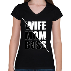 PRINTFASHION Feleség, anya, főnök - Női V-nyakú póló - Fekete