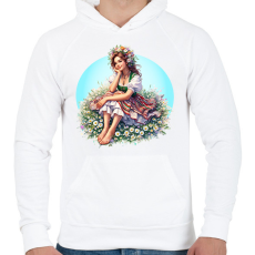 PRINTFASHION Fiatal lány népies ruhában a tavaszi réten - Férfi kapucnis pulóver - Fehér