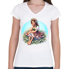 PRINTFASHION Fiatal lány népies ruhában a tavaszi réten - Női V-nyakú póló - Fehér női póló