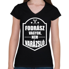 PRINTFASHION FODRÁSZ, NEM VARÁZSLÓ - Női V-nyakú póló - Fekete