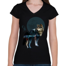 PRINTFASHION forest in wolf - Női V-nyakú póló - Fekete női póló