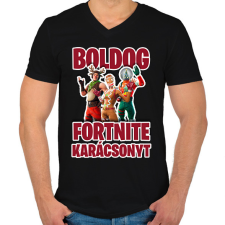 PRINTFASHION Fortnite Karácsony - Férfi V-nyakú póló - Fekete férfi póló