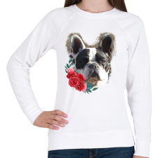 PRINTFASHION Francia bulldog virággal - Női pulóver - Fehér női pulóver, kardigán