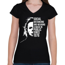 PRINTFASHION Funny Michael Myers Social Distancing - Női V-nyakú póló - Fekete női póló