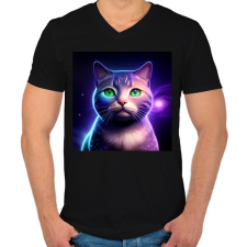 PRINTFASHION Galaxy Cat - Férfi V-nyakú póló - Fekete férfi póló