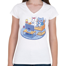 PRINTFASHION Gamer cica pár - Női V-nyakú póló - Fehér női póló