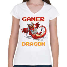 PRINTFASHION Gamer dragon - Női V-nyakú póló - Fehér női póló