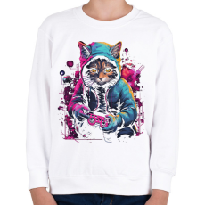 PRINTFASHION Gamer macska - Gyerek pulóver - Fehér