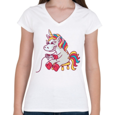 PRINTFASHION Gamer unikornis - Női V-nyakú póló - Fehér