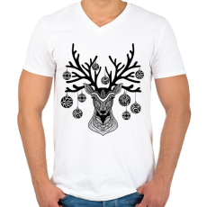 PRINTFASHION Geometrikus karácsonyi rénszarvas - Férfi V-nyakú póló - Fehér