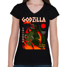 PRINTFASHION godzilla - Női V-nyakú póló - Fekete