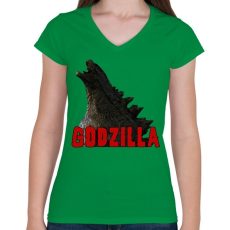 PRINTFASHION Godzilla - Női V-nyakú póló - Zöld