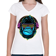 PRINTFASHION Gorilla DJ - Női V-nyakú póló - Fehér női póló