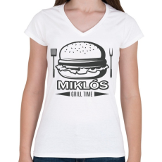 PRINTFASHION Grill time - Névvel - Női V-nyakú póló - Fehér