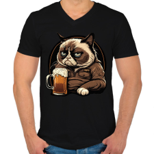PRINTFASHION Grumpy macska sörözik - Férfi V-nyakú póló - Fekete férfi póló