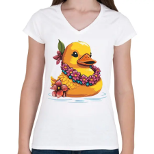 PRINTFASHION Gumikacsa hawaii virágfüzérrel - Női V-nyakú póló - Fehér női póló