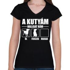 PRINTFASHION Hallgat rám a kutyám - Női V-nyakú póló - Fekete