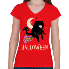 PRINTFASHION Halloween cat - Női V-nyakú póló - Piros