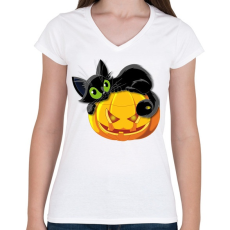 PRINTFASHION Halloween cica - Női V-nyakú póló - Fehér