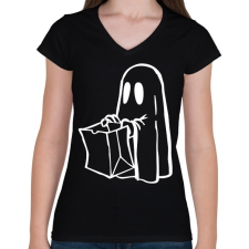 PRINTFASHION Halloween-i szellem - Női V-nyakú póló - Fekete női póló