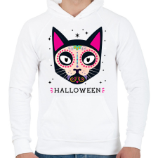 PRINTFASHION HALLOWEEN MACSKA - Férfi kapucnis pulóver - Fehér férfi pulóver, kardigán