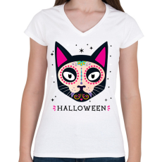 PRINTFASHION HALLOWEEN MACSKA - Női V-nyakú póló - Fehér