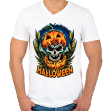 PRINTFASHION Halloween tökös koponya csontváz - Férfi V-nyakú póló - Fehér férfi póló
