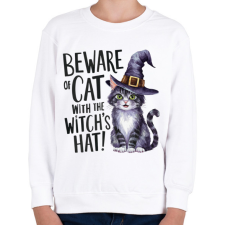 PRINTFASHION Hallowen cica boszorkánykalapban - Gyerek pulóver - Fehér gyerek pulóver, kardigán
