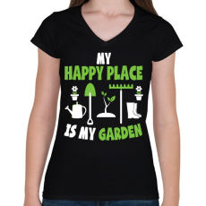 PRINTFASHION Happy place - Női V-nyakú póló - Fekete