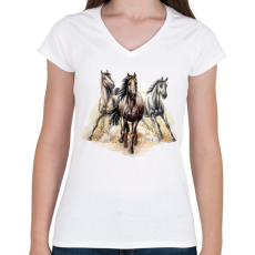 PRINTFASHION Három ló vágtázik - Női V-nyakú póló - Fehér
