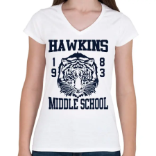 PRINTFASHION Hawkins Tigers - Női V-nyakú póló - Fehér női póló