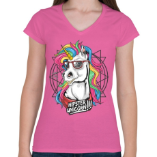PRINTFASHION Hipszter unikornis - Női V-nyakú póló - Rózsaszín