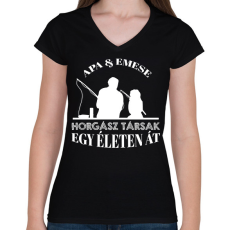 PRINTFASHION Horgász társak - Apa és lány névvel - Női V-nyakú póló - Fekete