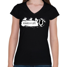 PRINTFASHION Horses are my life -  Fehér-fekete - Női V-nyakú póló - Fekete női póló