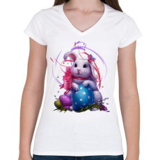 PRINTFASHION húsvéti nyuszi - Női V-nyakú póló - Fehér