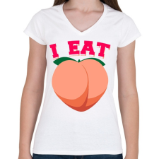 PRINTFASHION I eat peach - Női V-nyakú póló - Fehér női póló