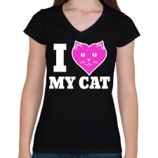 PRINTFASHION I Love My Cat - Női V-nyakú póló - Fekete női póló