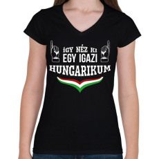 PRINTFASHION Igazi hungarikum - Női V-nyakú póló - Fekete