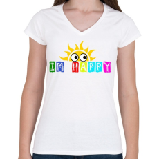 PRINTFASHION im happy - Női V-nyakú póló - Fehér